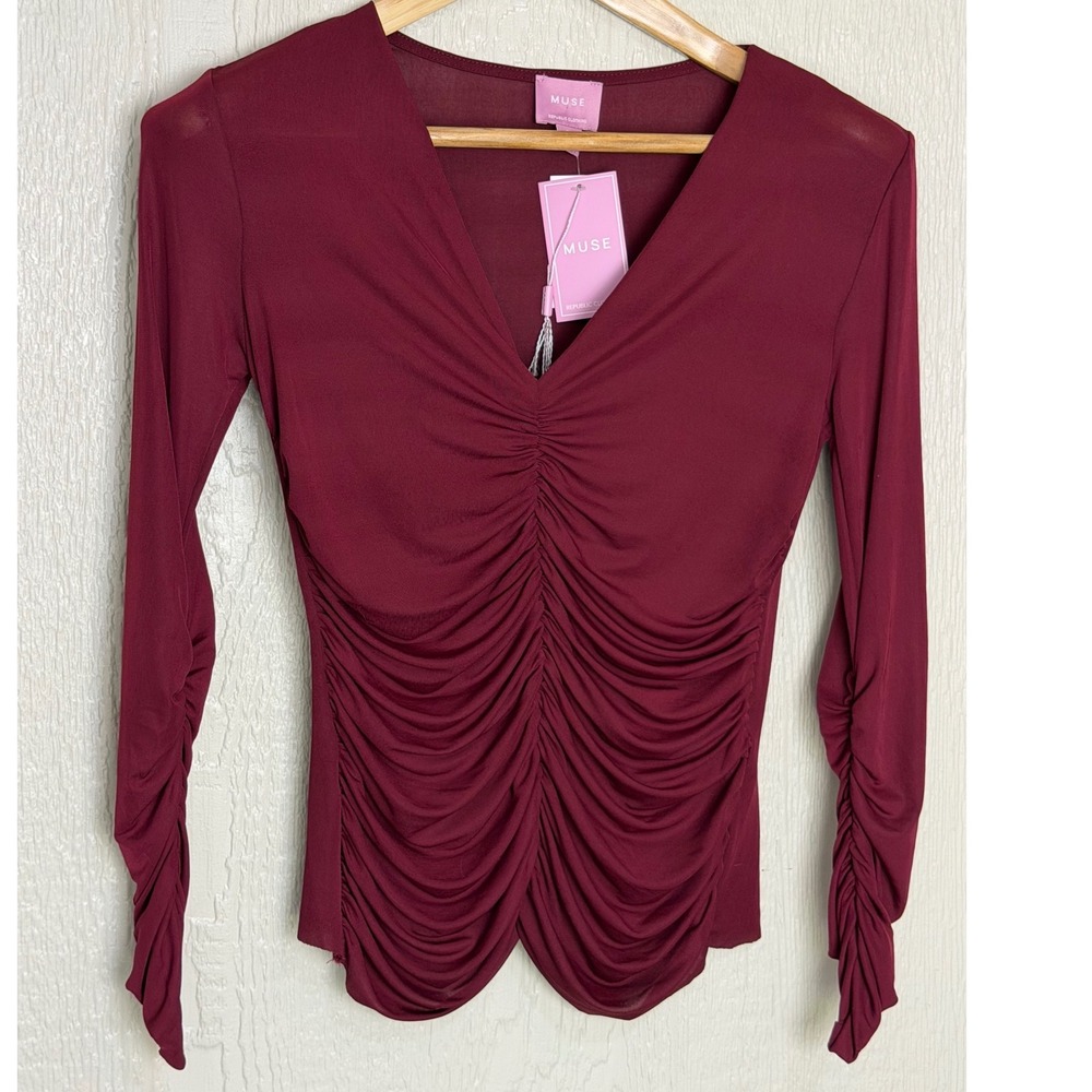 Muse Republic Clothing Burgundy Ruched V-Neck Long Sleeve Top Blouse Small NWT's